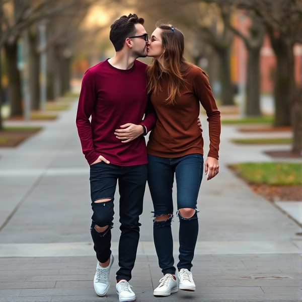 Skinny woman with brown hair and blue eyes and black glasses wearing a maroon long sleeve shirt, black ripped jeans and white vans. Walking with husband and gives him a kiss