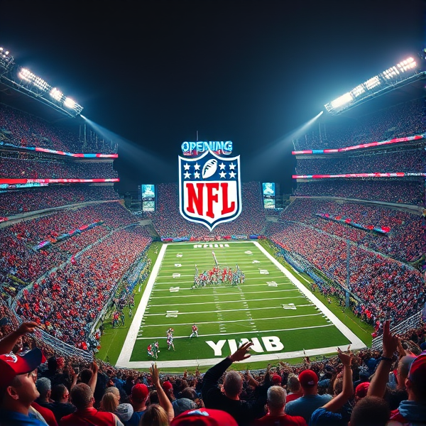 Dynamic, high-energy NFL opening game with a packed stadium under floodlights, fans cheering, players in action on the field, vibrant team colors and logos displayed prominently
