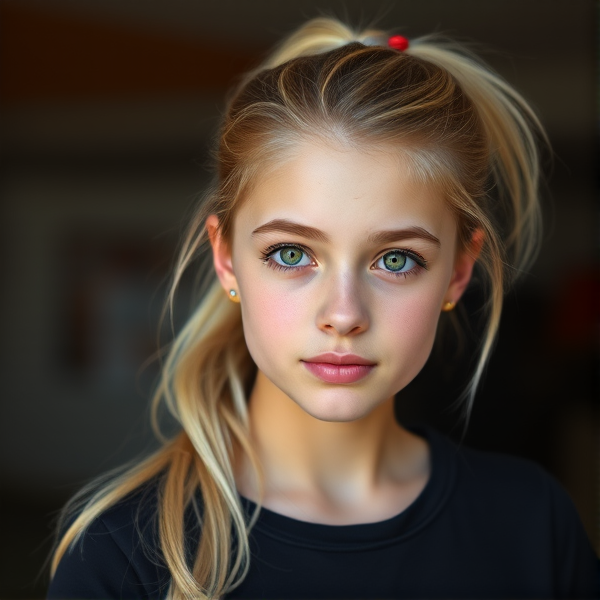 Blonde hair in a ponytail and brown eyes, very beautiful, age 15