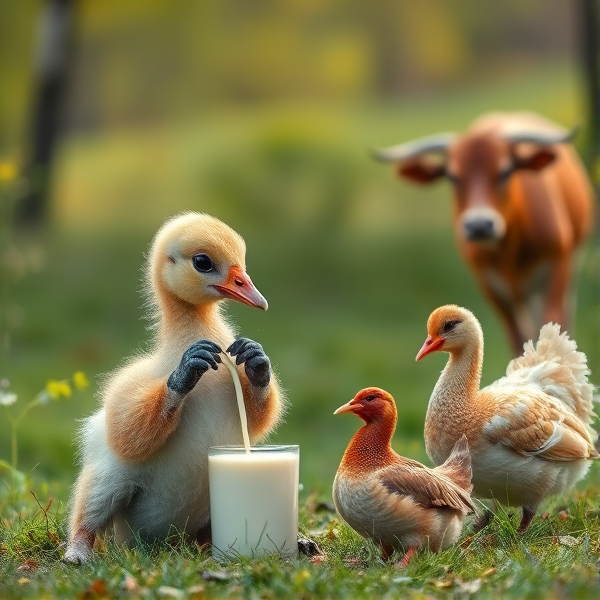 crée moi une image mignonne d'un chiot tetant un biberon de lait. un chiot en pleine santé. avec a l'arriere plan une chevre et une poule dans un pré verdoyant