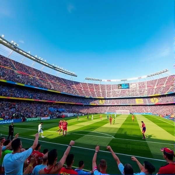 Spanish La Liga football match in a vibrant, packed stadium with dynamic action on the pitch, clear blue sky, players wearing traditional team kits from top teams like FC Barcelona and Real Madrid, enthusiastic fans waving scarves and flags