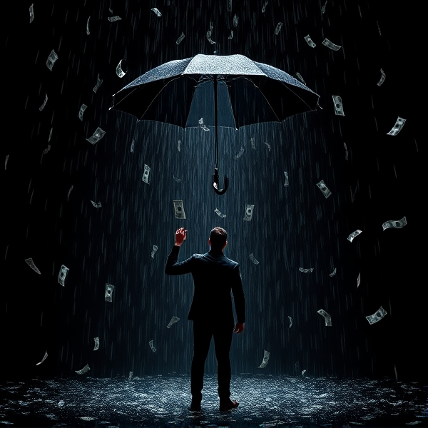 Black guy standing in a black room with a umbrella while it rain 100 dollar bills