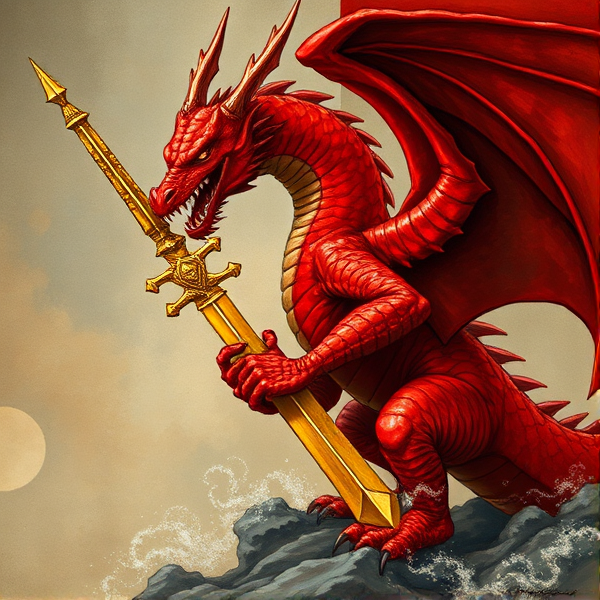 Red Dragon holding a gold sword