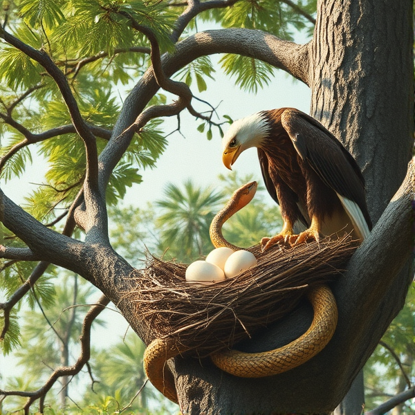 Drawing me a terrific picture comprising of python snake breaking into the eagles nest and breaking the eagle's eggs laid in the nest into pieces up in the long tree.