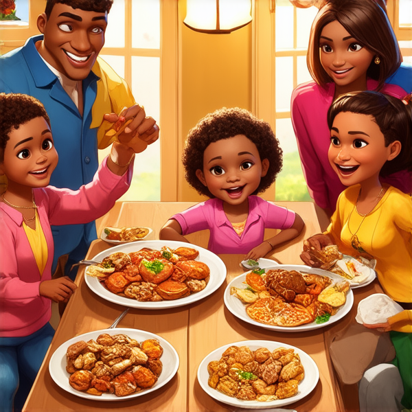 Repas de famille afro-américaine chaleureux et convivial, avec un grand assortiment de plats traditionnels soul food sur une grande table en bois, entourée de membres de la famille riant et partageant des moments ensemble dans une salle à manger bien éclairée et décorée pour l'occasion