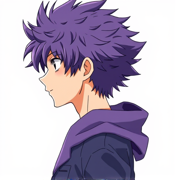 My hero academia oc. Purple fluffy hair. Male. Side view. Full body view