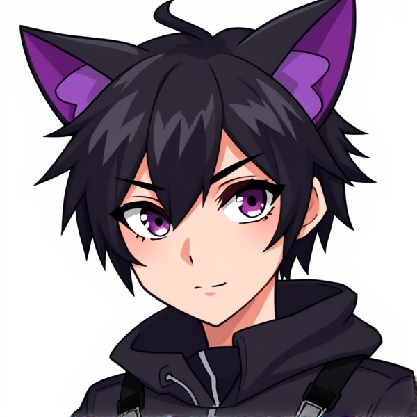 My hero academia oc. Black hair. Purple eyes. Male. Black cat ears with purple insides. Leather hero costume. About 15 years old. Cartoon style. Half body