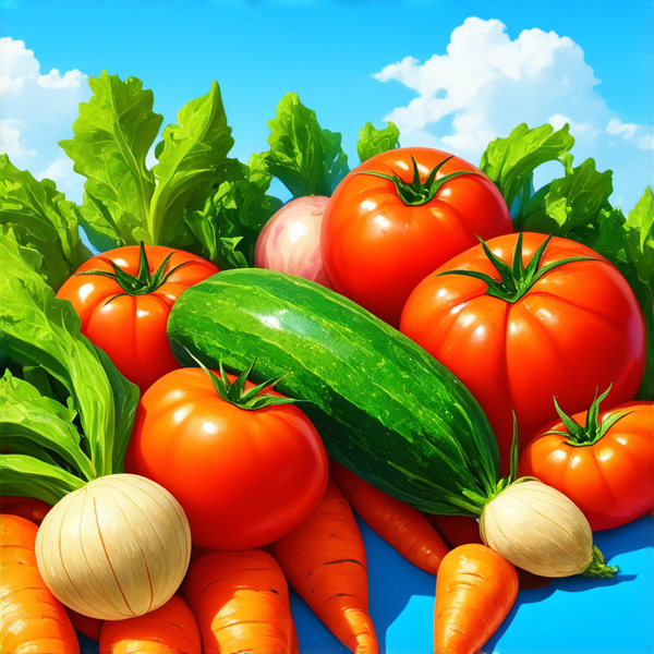 un jardin potager luxuriant et détaillé, avec une variété de légumes colorés tels que des tomates rouges, des courgettes vertes et des carottes orange, sous un ciel bleu clair avec une lumière naturelle éclatante