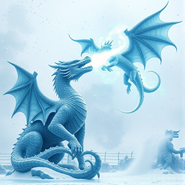 An intricately carved ice dragon statue stands fiercely, emitting a powerful beam of ice from its open beak, directed towards a majestic, five-headed dragon soaring amidst the chaos of a raging blizzard storm, with snow and wind swirling around the scene