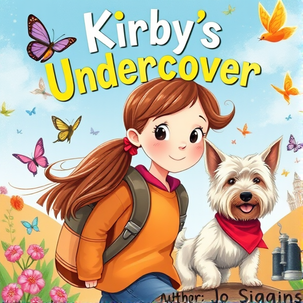 Bright and whimsical book cover design featuring a 10 year old with brown ponytail with red ribbon as the protagonist on an adventurous journey, bursting with vivid colors and elements that appeal to 10-year-old girls such as butterflies and pretty birds, and friendly cream long haired scruffy small terrier dog with red bandana around neck. The artwork should capture the essence of a childlike wonder and the excitement of exploration, ideally incorporating symbols of adventure like compasses, binoculars, or hidden paths. The typography should be bold and inviting, resonating with young readers' imagination and sense of fun. The title is: Kirby’s Undercover Adventures. The author name is: Jo Siggins. The style should realistic hand drawn illustration