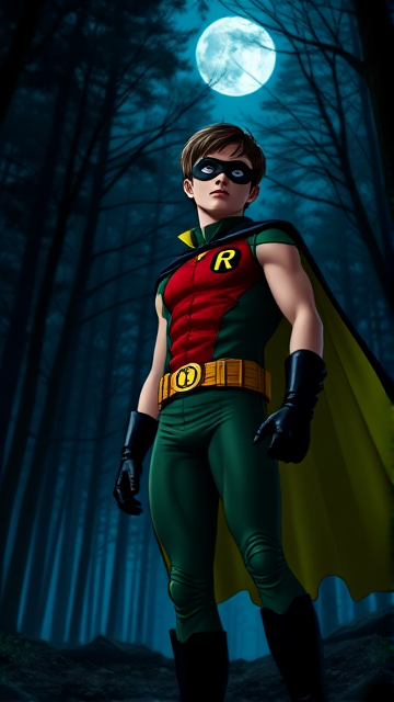 Movie Scene: A medium, preteen 12-year old boy with light skin and dark brown hair named Connor Bardley, but dressed as Robin, The Boy Wonder, with an extremely muscular body, a sleek green suit with a red torso with a black circle with a yellow R symbol on his left pectoral, a gold utility belt, black boots, black long-cuffed gloves, a big, heel-length, ultra-wide cape that's black on the outside and yellow on the inside, and a black eye mask. He has a special code: HE DOES NOT KILL. Young 12-year old Connor Bardley, now Robin, The Boy Wonder, is seen standing in a dark forest at night, finding a lost citizen that needs his help.