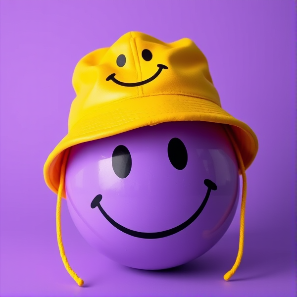 A purple smiley face wearing a yellow bucket hat with a smiley face on it