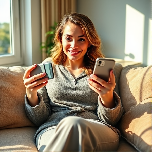 A sultry, stay-at-home mom in a cozy, stylish lounge wear, lounging on an inviting plush sofa with scattered decorative pillows, playfully rolling her eyes with a hint of mischief and a subtle smile as she holds up a modern smartphone in one hand, fingers poised over the screen as if mid-text. The room is well-lit with natural light from an adjacent window casting gentle shadows that accentuate her relaxed pose and casual elegance. Her hair is effortlessly styled in loose waves that frame her expressive face, conveying a sense of approachable beauty and lighthearted amusement.