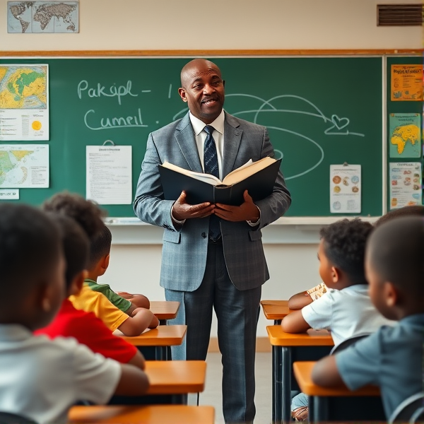 Directeur d'école afro-américain debout tenant un classeur ouvert dans ses mains portant un costume formel, dans une salle de classe avec un tableau vert, s'adressant  à un groupe d'élèves afro-américaines attentives de huit ans assises à leurs pupitres. Ils sont entourés de matériel pédagogique adapté à leur âge, comme des cartes géographiques, des affiches éducatives et des dessins d'enfants accrochés aux murs. La scène dégage une atmosphère chaleureuse et encourageante.