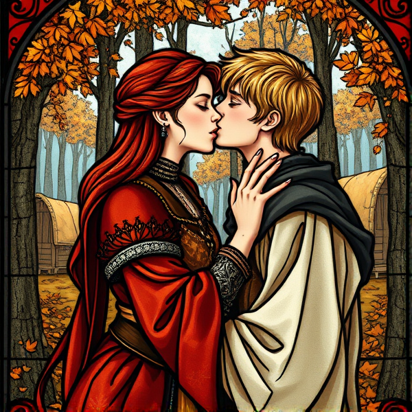 Medieval stained glass of a red haired teenage Arthurian princess kissing a blonde haired teenage male squire in Autumn woods with gypsy caravans in the background