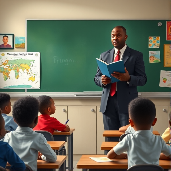 Directeur d'école afro-américain debout tenant un classeur ouvert dans ses mains portant un costume formel, dans une salle de classe avec un tableau vert, s'adressant  à un groupe d'élèves afro-américaines attentives de huit ans assises à leurs pupitres. Ils sont entourés de matériel pédagogique adapté à leur âge, comme des cartes géographiques, des affiches éducatives et des dessins d'enfants accrochés aux murs. La scène dégage une atmosphère chaleureuse et encourageante.