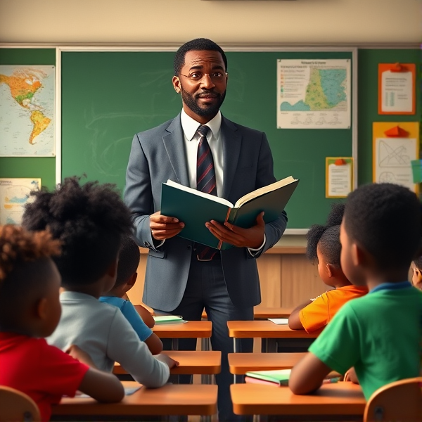 Directeur d'école afro-américain debout tenant un classeur ouvert dans ses mains portant un costume formel, dans une salle de classe avec un tableau vert, s'adressant  à un groupe d'élèves afro-américaines attentives de huit ans assises à leurs pupitres. Ils sont entourés de matériel pédagogique adapté à leur âge, comme des cartes géographiques, des affiches éducatives et des dessins d'enfants accrochés aux murs. La scène dégage une atmosphère chaleureuse et encourageante.