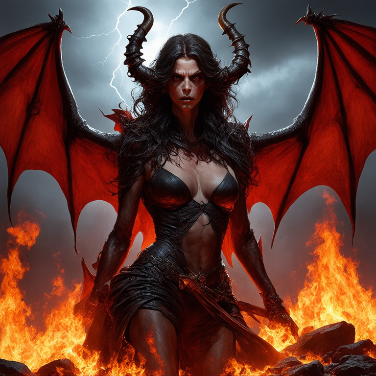 Démon terrifiant émergeant des flammes infernales, avec des cornes torsadées, des ailes membraneuses de chauve-souris et une peau rougeâtre couverte de marques occultes. L'arrière-plan est un paysage désolé du royaume souterrain, rempli de lave en fusion et de roches noircies par le soufre. Des éclairs illuminent le ciel tourmenté.