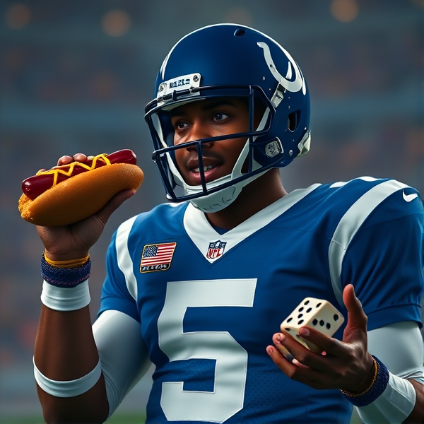 Black quarterback number 5 for Indianapolis colts eating corn dog and playing dice
