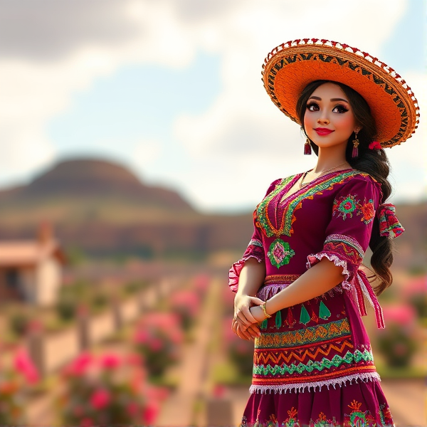 Mujer con vestido Mexicano estilo pixar