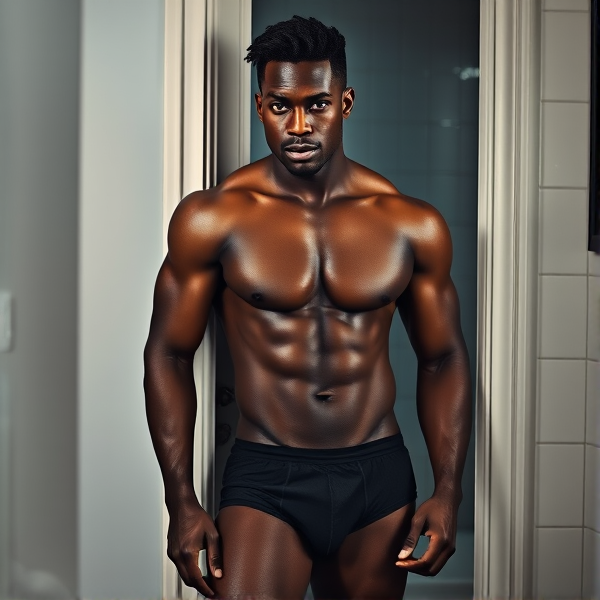 A chiseled, black-haired man with well-defined muscles, standing shirtless and displaying his full physique, casually leans against a bathroom doorframe. His skin glistens with moisture as if he's just emerged from a shower. He sports sleek black boxer trunks that contrast against his chocolate skin, contributing to a look of casual allure. The setting is domestic and intimate, with the ambiance of soft bathroom lighting highlighting the contours of his body.
