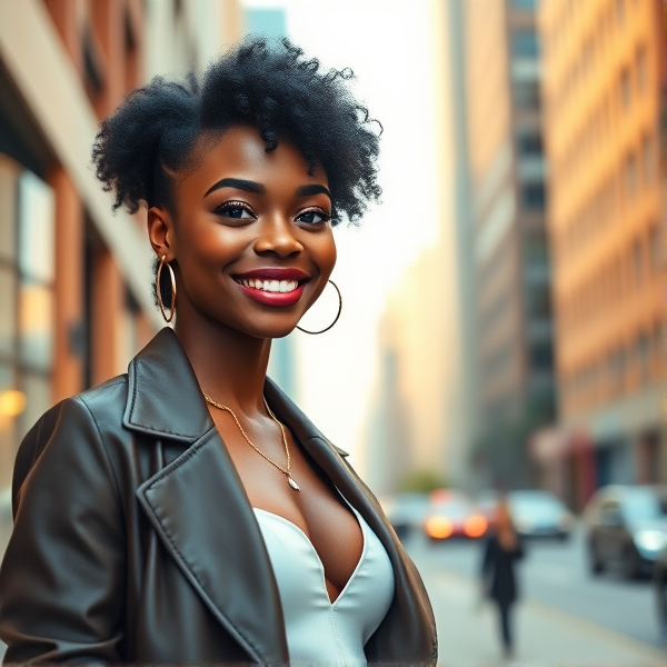 Elegant young African American woman with a vibrant smile, stylishly dressed in modern fashion, posing confidently against an urban background