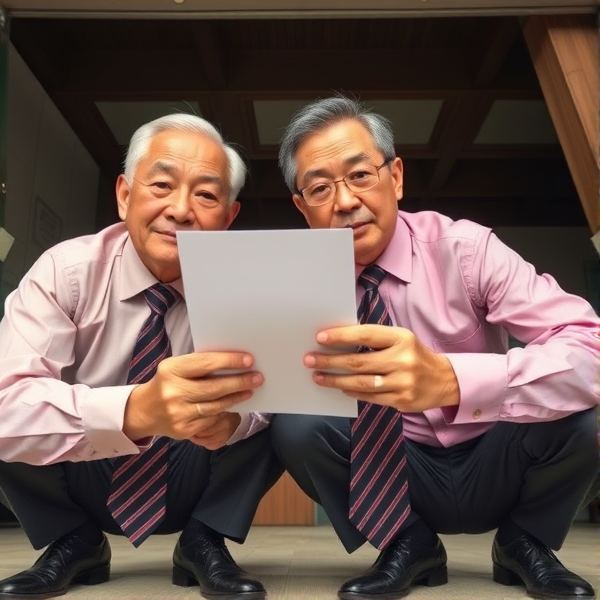 Deux hommes d affaires japonais senior accroupis qui regardent la caméra 
Chemise rose foncée et longue cravate rayée large. Obéir aux doigts et à l’œil 

Vue contre-plongée