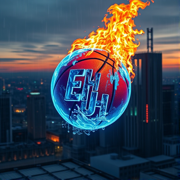 EH Logo with Fire and Water on it, with basketball in the air on fire, hyper realistic,