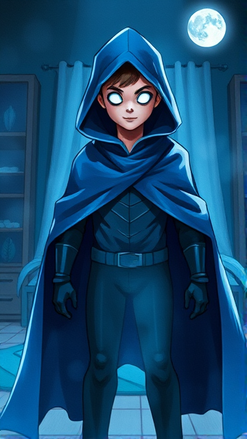A little 12-year old boy hero named Connor Bardley, but transformed into a mysterious blackened and shadowy figure with superpowers, powerful magic, and ghostly abilities wreathed and concealed in a big blue hooded cape draped around his obscured body, calling himself The Phantom, a mysterious superhero devoted to defending the mortal world from all manner of supernatural evil, and is the most powerful ghost hunter on the planet. His face is magically kept hidden in the shadows, with the only thing visible being a pair of glowing, eerie white eyes, and no matter how much light shines on him, his features always stay shrouded in the darkness of his cape, and his hood stays magically adhered on his head and cannot be removed by anyone or anything, which helps protect his true identity in this form. The young heroic cloaked figure is seen standing in his bedroom at night, his transformation complete, and is now ready for action.