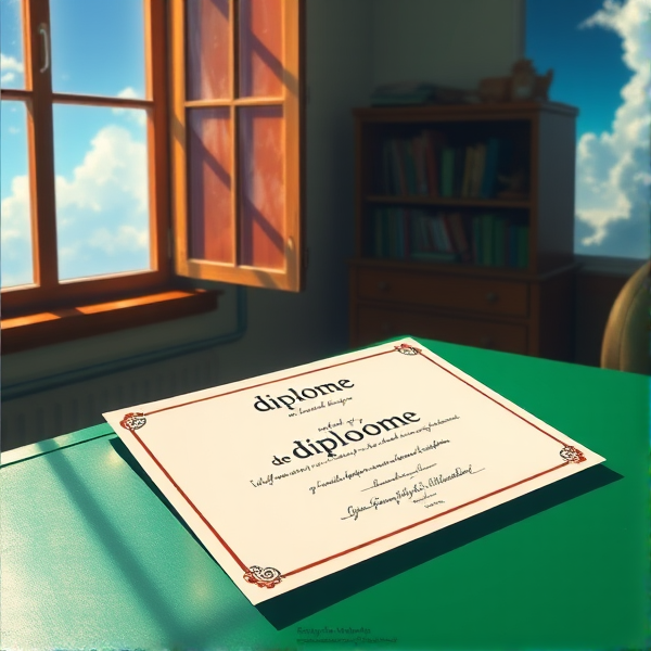 diplôme posé soigneusement sur une table verte avec l'inscription diplôme en français lumière douce de matin filtrant par une fenêtre ouverte, ambiance studieuse