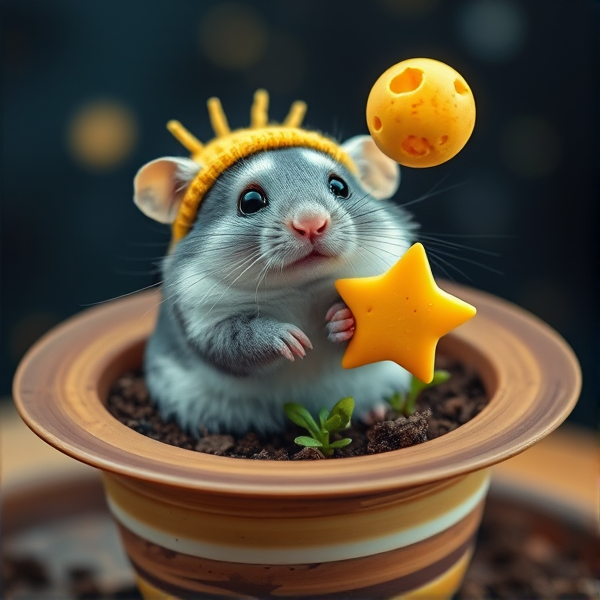 Hamster in a Saturn plant pot with rings with potting soil and other sprouts and blue glittery fur with sage green eyes with a sunshine hat in the solar system holding a star and a moon made of Swiss cheese  in realism