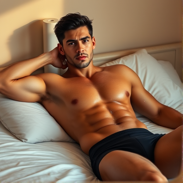 A sculpted raven-haired white male with well-defined musculature is leisurely reclining on his bed, propped up on his forearms. His tanned skin shines with droplets of water, suggesting he has just stepped out of the shower. Wearing nothing but fitted black boxer briefs, his athletic build is accentuated. The room's warm lighting casts a gentle glow on him, enhancing the definition of his muscles in what appears to be an effortlessly attractive photo shoot intended for a Tinder profile image.