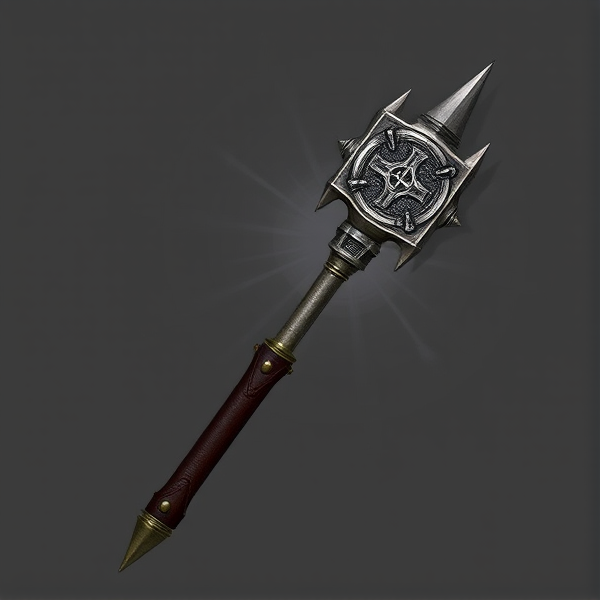 Here’s the appearance for **The Crusader’s Mace**:
### Appearance of The Crusader’s Mace
- **Design**: A classic medieval mace with a heavy, spiked head and an ornate, sturdy handle.
- **Head**: The mace head features large, prominent spikes arranged in a symmetrical pattern, with intricate engravings resembling crosses or heraldic symbols.
- **Handle**: Made from dark wood with brass fittings, wrapped in leather for a secure grip. The handle is embossed with decorative medieval patterns.
- **Visual Effects**: The mace emits a subtle glow when swung, and successful hits create brief, radiant bursts of light, emphasizing its holy and medieval theme.