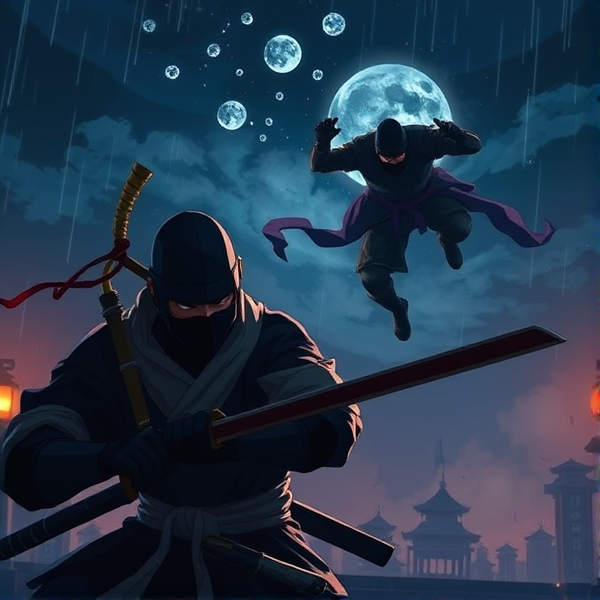 One ninja landing menacingly behind samurai ready to fight at night