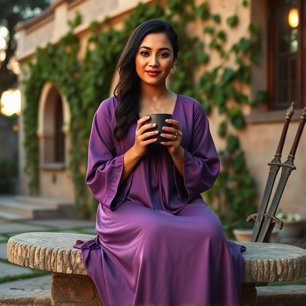Reyna Avila Ramirez-Arellano from Percy Jackson and the Olympians series, poised gracefully on a rustic stone bench outside her Roman-style villa under the soft glow of twilight. She's wearing an elegant purple nightgown that drapes delicately over her frame, indicative of her high rank. In her hands, she cradles a steaming mug of hot chocolate, savoring a quiet moment of respite after a strenuous day fulfilling her duties as a praetor. The serene expression on her face reflects the tranquility of the evening ambiance around her. Lush vines climb the walls of the villa behind her, and a few scattered celestial bronze weapons hint at her warrior status.