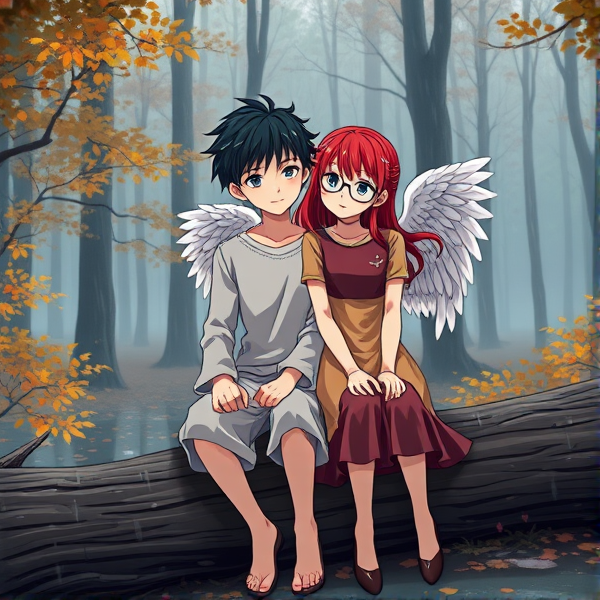 Black haired Caucasian male angel and red haired Caucasian female angel wearing glasses, sit on a log together in a rainy foggy Autumn forest in the style of anime