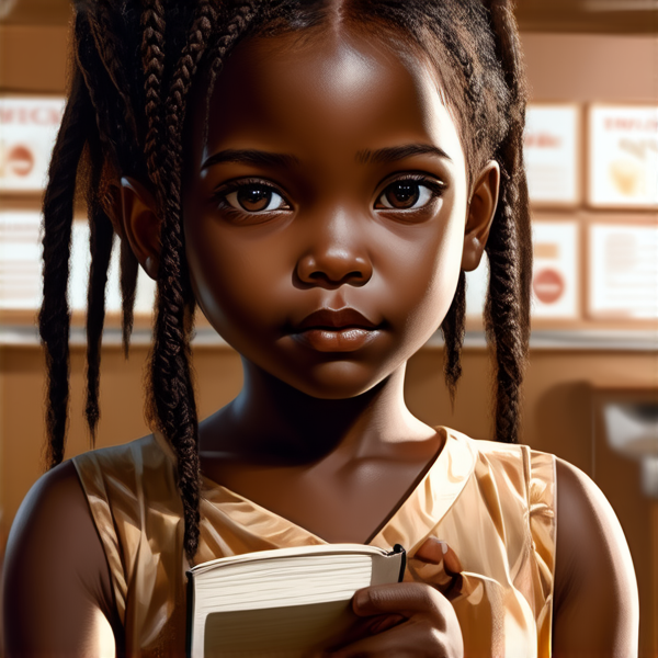 petite fille noire de 8ans en robe avec des tresses africaines tenant un cahier devant une ecole