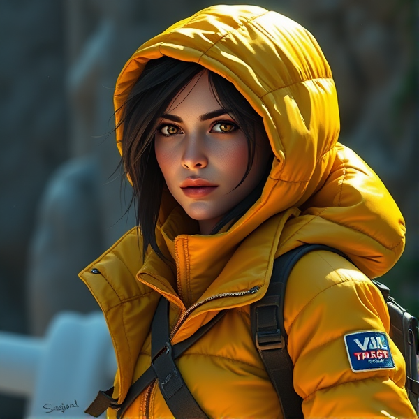 Lara Croft wearing a thick shiny yellow puffy jacket and backpack