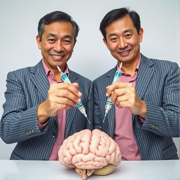 hommes d'affaires japonais d'âge mûr accroupis et avec des cravates rayées larges et des chemises roses. Ils fixent l'objectif de la caméra avec une expression sérieuse mais un léger sourire aux lèvres. Dans leurs mains, ils tiennent des seringues médicales, injectant un liquide fluo dans un cerveau humain posé à leurs pieds, en dehors du champ de vision direct. La prise de vue est en contre-plongée, mettant en valeur leur geste intrigant et leur posture imposante.
Accroupis en cravate sans veston