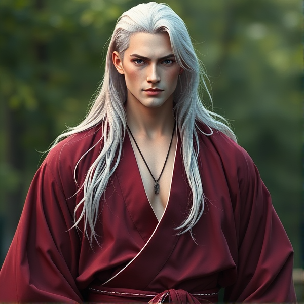 male,6.5ft, long white hair,age 25,white skin, maroon kimono with opening at the chest