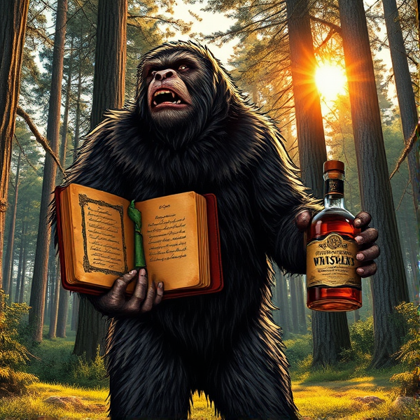 An intricately detailed illustration of a Sasquatch standing in a serene forest clearing, its fur textured with realistic shading. In its left hand, the creature gently holds an antique leather-bound Bible with visible gold leaf pages, while its right hand grips a vintage whiskey bottle with an ornate label. The setting sun casts dappled light through the trees, highlighting the scene.