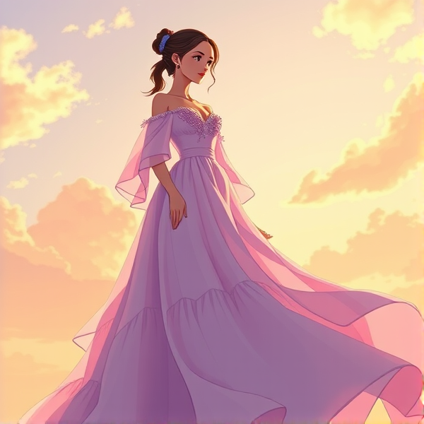 a floor length gown that was a light shade of lilac. The gown itself is flowy and made of light fabric, with a sweetheart neckline and a fitted bodice that hugged the waist with embroidered details on it and long flowy sleeves that are off the shoulders. The skirt had multiple light fabric layered and slightly flared out slightly at the hips, creating a gentle A-line shape.