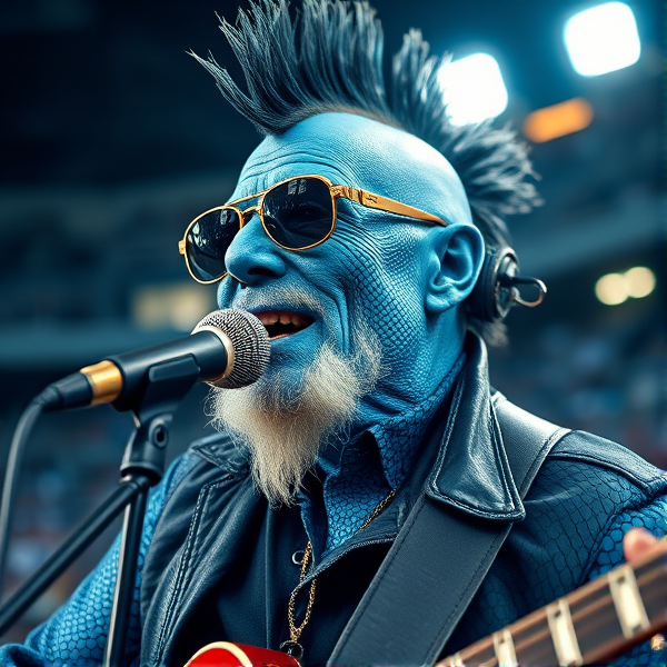 Cool old blues singer with blue lizard scales for skin. Aviator glasses, mohawk and goatee. On stage in stadium