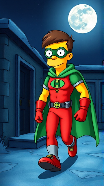Milhouse Van Houten from The Simpsons, 18 Years Old, dressed as a parody of Robin, The Boy Wonder, with an extremely muscular body, a green bodysuit with a red torso adorned with a green H symbol on his chest, a grey utility belt, red boots, red long-cuffed gloves, a big green cape, and a green eye mask with optical lenses in it, now known as Houseboy, The Nerd Wonder, the other half of Springfield's Dynamic Duo, and one of the greatest vigilante superheroes ever known in Springfield. He is currently walking through an abandoned house at night, looking for clues to the mystery he is trying to solve.