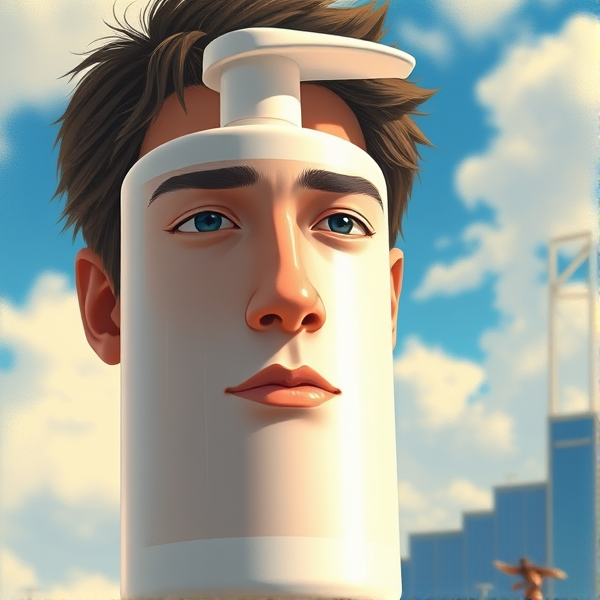Human face realistically photoshopped onto a white cylindrical lotion bottle, detailed facial features like eyes, nose, and mouth seamlessly integrated with the label, skin tone of the face matching the texture of the bottle's surface, expression neutral and looking straight ahead, high-resolution image emphasizing the smooth blend where the neck would typically begin transitioning into the cap of the lotion bottle