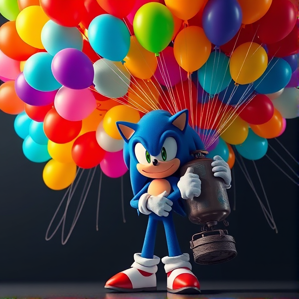 Sonic the Hedgehog in a dynamic standing pose, firmly gripping a large helium tank, connected to an enormous cluster of vibrant, multicolored balloons measuring 16 inches each, numbering approximately 450, floating jubilantly around him
