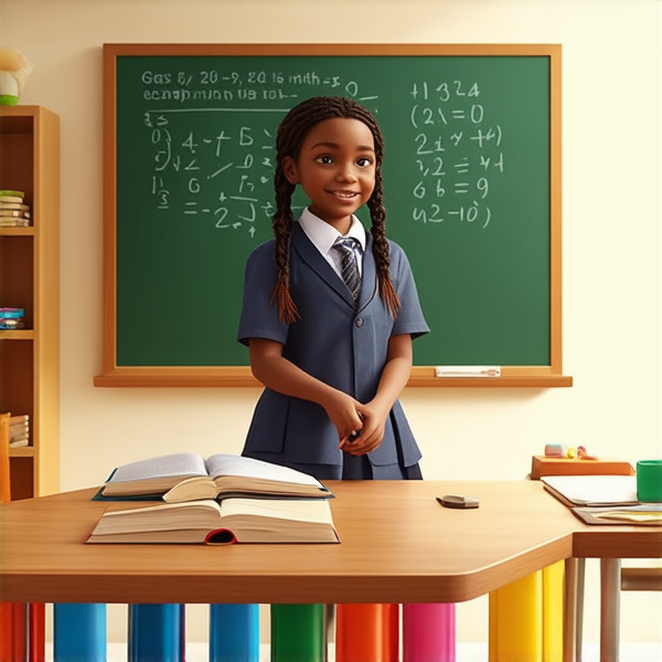 jeune fille noire de 10 ans, vêtue d'un uniforme scolaire des tresses africaines, debout souriante et concentrée devant un tableau noir rempli de calcul mathématique dans une salle de classe ensoleillée et colorée avec des bureaux en bois et des affiches éducatives sur les murs