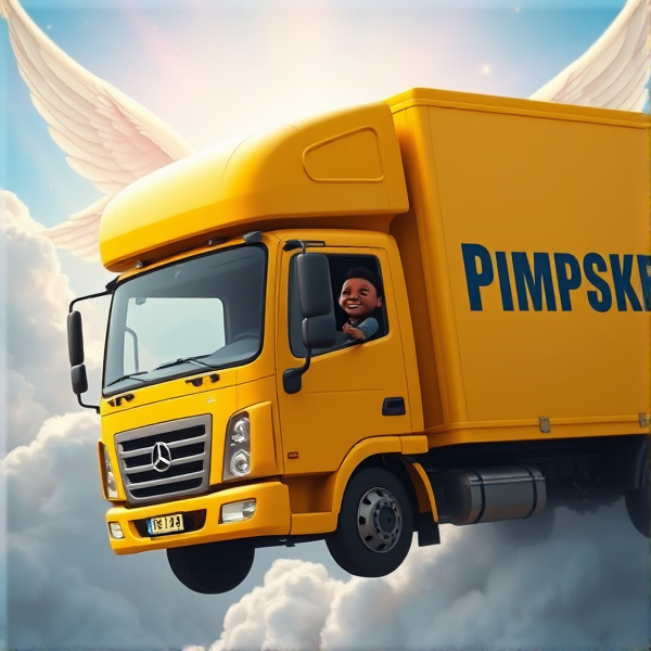 In heaven, all yellow moving truck that says the word "PIMPSKE" ON THE SIDE of trailer, black driver waving out window, truck is driving into heaven