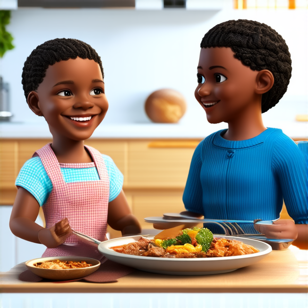 famille afro-américaine heureuse et souriante, assise autour d'une table bien dressée avec un repas copieux, dans une cuisine lumineuse et moderne