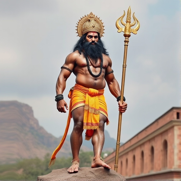 bodybuilder man and in bg Hanuman  god is standing